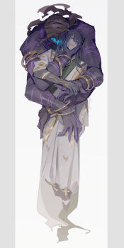 1boy 1other :d arm_tattoo armlet bandaged_head bandages bandages_over_eyes biyao_mingyou_(granblue_fantasy) black_gloves black_hair black_shoes black_skin bracelet chinese_clothes closed_eyes colored_skin commentary extra_arms facing_viewer flats full_body glasgow_smile glasses gloves gold_bracelet gold_trim grabbing_another&#039;s_chin granblue_fantasy hair_between_eyes hand_on_another&#039;s_chin hands_on_another&#039;s_thighs hanfu highres hug hug_from_behind jewelry long_hair male_focus monster multiple_bracelets muscular open_mouth parted_lips pota_(bluegutty) robe shoes simple_background siwen_(granblue_fantasy) smile tattoo white_background white_hanfu white_robe