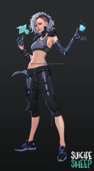 Rule 34 | 1girl, aqua eyes, asia (nise loftsteinn), asymmetrical hair, belt, black belt, black pants, black shoes, commentary, commission, cyberpunk, cyborg, earrings, english commentary, eyebrow cut, eyelashes, face piercing, full body, grey hair, grey sports bra, highres, hologram, holographic interface, jewelry, lip piercing, lips, mechanical arms, mechanical hands, medium hair, midriff, mismatched eyebrows, navel, nise loftsteinn, original, pants, piercing, shoes, sidecut, single mechanical arm, single mechanical hand, solo, sports bra, standing, undercut