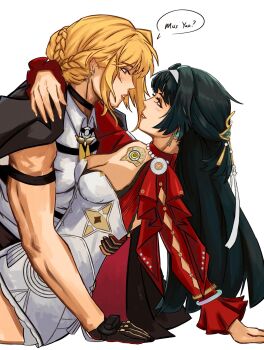 2girls arm_around_neck arm_strap astra_yao black_choker black_coat black_gloves black_hair blonde_hair blush breasts chest_harness choker cleavage coat coat_on_shoulders commentary dress earrings english_commentary english_text evelyn_chevalier eye_contact from_side gloves hairband half-closed_eyes half_gloves hand_on_floor harness highres jewelry long_hair looking_at_another medium_breasts mole multiple_girls muscular muscular_female necklace necktie parted_lips pearl_necklace purple_eyes red_shrug shirt shrug_(clothing) simple_background single_half_glove sols4rts speech_bubble uneven_bangs white_background white_dress white_hairband white_shirt yellow_necktie yuri zenless_zone_zero