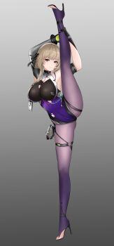 1girl absurdres armlet armpits arms_up asymmetrical_clothes asymmetrical_gloves black_gloves black_leotard blonde_hair blunt_bangs breasts bridal_legwear chinese_commentary closed_mouth collarbone commentary_request elbow_gloves flexible full_body gloves grey_background hair_ornament hairclip high_heels highres holding_own_leg id_card jewelry large_breasts leg_lift leg_up leotard looking_at_viewer marian_andreotti o-ring o-ring_thigh_strap pantyhose purple_eyes purple_leotard purple_pantyhose short_hair_with_long_locks shuo_bian_yue sidelocks simple_background single_bare_shoulder single_elbow_glove smile snowbreak:_containment_zone solo split standing standing_on_one_leg standing_split thigh_strap torn_clothes torn_leotard