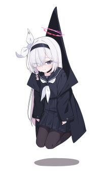 1girl black_choker black_coat black_eyes black_hairband black_pantyhose black_sailor_collar black_serafuku black_shirt black_skirt blue_archive bow braid choker cinamon_(cinamori) closed_mouth coat collarbone colored_inner_hair commentary_request distorted_halo hair_bow hair_over_one_eye hairband halo highres long_hair long_sleeves looking_at_viewer miniskirt multicolored_hair neckerchief pantyhose pink_hair pink_halo plana_(blue_archive) pleated_skirt sailor_collar sailor_shirt school_uniform serafuku shirt side_braid single_braid skirt solo very_long_hair white_bow white_hair white_neckerchief