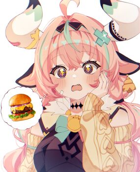 +_+ 1girl ahoge animal_ears blush burger cow_ears cow_horns ear_bell fang fingernails food genshin_impact hairband highres horns long_hair pink_hair purple_eyes spoken_food varesa_(genshin_impact) white_background woolly_(ll_0o0)