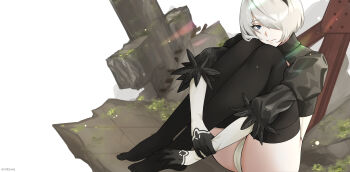 1girl 2b_(nier:automata) absurdres black_gloves black_hairband black_thighhighs closed_mouth commentary enotouwa feather-trimmed_sleeves gloves grey_hair hair_over_one_eye hairband hand_on_own_arm highres juliet_sleeves knees_up leotard long_sleeves looking_at_viewer mole mole_under_mouth nier:automata nier_(series) no_shoes puffy_sleeves ruins short_hair sitting solo thighhighs