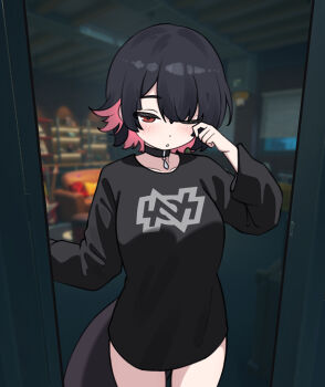 Rule 34 | 1girl, absurdres, alternate costume, arutemisu180, black hair, black shirt, blurry, blurry background, blush, choker, collarbone, colored inner hair, commentary, couch, cowboy shot, doorway, electric guitar, ellen joe, english commentary, fins, fish tail, game screenshot background, guitar, half-closed eye, highres, indoors, instrument, long shirt, looking at viewer, multicolored hair, one eye closed, open mouth, pendant choker, pov doorway, print shirt, rubbing eyes, screenshot background, shark girl, shark tail, shirt, short hair, socks, tail, window, zenless zone zero