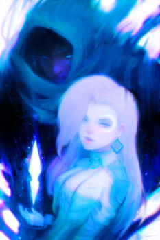 1boy 1girl alex_chow black_hair blue_eyes bodysuit cloak cloak_(marvel) commentary crescent crescent_facial_mark dagger dagger_(marvel) dark-skinned_male dark_skin dreadlocks earrings facial_mark glowing glowing_weapon grey_cloak highres jacket jewelry knife long_hair looking_at_viewer looking_to_the_side marvel marvel_rivals purple_hair upper_body weapon white_bodysuit white_jacket