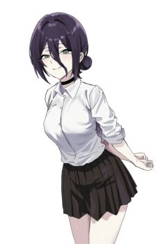 1girl arms_behind_back black_choker black_skirt chainsaw_man choker collared_shirt hair_bun highres looking_at_viewer nakajima_(user111860274) pleated_skirt purple_hair reze_(chainsaw_man) school_uniform shirt shirt_tucked_in simple_background skirt solo white_background white_shirt