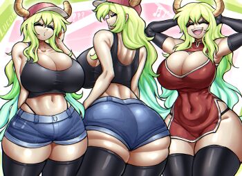 1girl :d :o arms_behind_head baseball_cap black_gloves black_tank_top black_thighhighs blonde_hair breasts china_dress chinese_clothes cleavage cleavage_cutout closed_eyes clothing_cutout commentary covered_navel denim denim_shorts dragon_girl dragon_horns dress elbow_gloves english_commentary gloves gradient_hair green_hair hado_(zzzhadozzz) hat highres horns horns_through_headwear huge_breasts impossible_clothes impossible_dress kobayashi-san_chi_no_maidragon long_hair looking_at_viewer lucoa_(maidragon) midriff multicolored_hair multiple_views navel open_mouth panty_straps pink_hat red_dress shorts skindentation smile solo tank_top thick_thighs thighhighs thighs