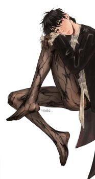 Rule 34 | 1boy, black eyes, black hair, black jacket, black pantyhose, character request, closed mouth, commentary, english commentary, frilled sleeves, frills, hand on own knee, highres, jacket, lace, lace pantyhose, male focus, mrkbs, original, pantyhose, signature, simple background, solo, white background