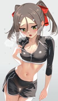 1girl absurdres black_jacket black_shorts blush bow breasts brown_hair cleavage commentary crop_top dolphin_shorts green_eyes hair_bow hair_ornament hand_up heavy_breathing highres jacket long_sidelocks looking_down medium_breasts midriff miyoshi_karin mn_(tk-xyz) navel open_mouth parted_bangs raised_inner_eyebrows red_bow short_twintails shorts sidelocks simple_background sportswear steam sweat thigh_gap three-quarter_sleeves twintails yuuki_yuuna_wa_yuusha_de_aru yuusha_de_aru