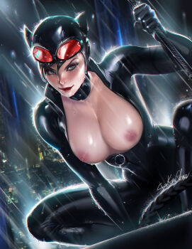 1girl animal_ears artist_name batman_(series) black_bodysuit black_hair blue_eyes bodysuit breasts breasts_out cat_ears catsuit catwoman choker city cityscape cleavage dc_comics fake_animal_ears female_focus gloves goggles goggles_on_head highres large_breasts lipstick looking_at_viewer makeup medium_breasts night nipples open_clothes outdoors rain red_lips sakimichan selina_kyle short_hair signature skin_tight sky smile solo squatting unzipped water_drop wet whip zipper