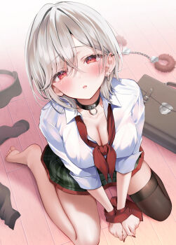 1girl bag black_bag black_choker black_thighhighs blush bound bound_wrists breasts choker cleavage collarbone collared_shirt commentary_request crossed_bangs ear_chain ear_piercing from_above full_body fur_cuffs green_skirt grey_hair hair_between_eyes highres large_breasts linked_piercing long_sleeves looking_at_viewer neckerchief no_shoes original parted_lips piercing plaid_clothes plaid_skirt pleated_skirt red_eyes red_neckerchief red_ribbon ribbon school_bag school_uniform shirt single_bare_foot single_thighhigh sitting skirt solo thighhighs unworn_blindfold unworn_thighhighs wariza white_shirt wooden_floor yugaa