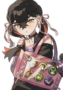 1girl :t alternate_costume alternate_hairstyle badge bag bag_charm black_choker black_hair blush bunching_hair carmine_(pokemon) charm_(object) choker crossed_bangs earrings eyelashes gen_1_pokemon gen_3_pokemon gen_5_pokemon gen_7_pokemon gen_8_pokemon hair_between_eyes hair_ribbon highres itabag jewelry leavanny looking_at_viewer matsuda_(0yx38755230263c) mightyena mole mole_under_eye morpeko morpeko_(hangry) ninetales nintendo pink_ribbon pokemon pokemon_sv pout red_hair ribbon scrafty simple_background sinistcha solo toucannon twintails white_background yellow_eyes