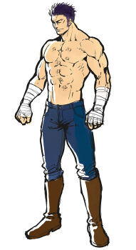 1boy abs b_suke bandaged_arm bandages blue_pants boots brown_boots clenched_hands closed_eyes commentary_request denim facial_scar fate/grand_order fate_(series) fergus_mac_roich_(fate) full_body highres hokuto_no_ken jeans knee_boots male_focus muscular muscular_male pants parody pectorals scar scar_on_cheek scar_on_face solo topless_male undercut