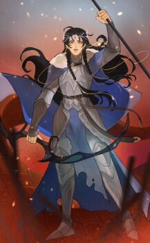 1boy arm_up armor black_hair blue_eyes bow_(weapon) braid cape circlet elf fingon floating_cape floating_hair full_body fur-trimmed_cape fur_trim gem holding holding_bow_(weapon) holding_weapon issa_crimson jewelry long_hair male_focus open_mouth parted_bangs pointy_ears solo teeth the_silmarillion tolkien&#039;s_legendarium twin_braids upper_teeth_only weapon