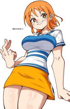 1girl absurdres blush breasts grin highres komatsuki_n large_breasts looking_at_viewer miniskirt nami_(one_piece) one_piece orange_eyes orange_hair orange_skirt shirt short_hair short_sleeves simple_background skirt smile striped_clothes striped_shirt thighs twitter_username white_background white_shirt yellow_skirt