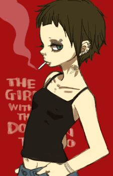 1girl aqua_eyes black_eyeshadow breasts brown_hair cigarette collarbone copyright_name covered_erect_nipples ear_piercing earrings english_text eyebrow_piercing eyelashes eyeshadow face_piercing goth_fashion hands_in_pockets highres jewelry lip_piercing lisbeth_salander looking_at_viewer makeup navel neck_tattoo nose_piercing petite piercing pixie_cut profile punk red_background ribs short_hair skinny small_breasts smoke smoking solo stud_earrings tattoo the_girl_with_the_dragon_tattoo typo upper_body wasp wasp_tattoo wispy_bangs yukke