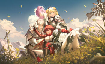 5girls absurdres alcohol arm_guards armored_bodysuit armored_boots bare_shoulders between_breasts black_bodysuit black_gloves black_jacket black_pants black_robe blonde_hair blue_eyes blue_sky blush bodysuit boots bottle braid breasts cleavage cloak closed_eyes clothes_grab clothing_cutout cloud commentary cropped_jacket day detached_sleeves dorothy_(nikke) double-parted_bangs dress drunk fingerless_gloves flower flower-shaped_hair frilled_dress frills full_body gloves goddess_(nikke) goddess_of_victory:_nikke grass grey_bodysuit grey_hair group_picture hair_between_eyes hair_bun hair_intakes hat head-mounted_display headgear highres hip_vent holding horns jacket jojoyu91360361 large_breasts leather leather_jacket leather_pants leg_cutout leotard long_braid long_hair long_sleeves looking_at_viewer mechanical_arms mechanical_horns medium_breasts multiple_girls neckwear_grab nun open_mouth outdoors pants pink_hair power_lines purple_eyes pushing_away rapunzel_(nikke) red_hair red_hood_(nikke) red_jacket red_scarf redrawn ribbon robe sake_bottle scarf scarf_grab scarf_pull scarlet_(nikke) see-through_cleavage see-through_clothes sidelocks single_mechanical_arm single_side_bun sitting skindentation sky smile snow_white_(nikke) standing strap_between_breasts teeth thighhighs unzipped upper_teeth_only utility_pole very_long_hair white_bodysuit white_cloak white_dress white_hair white_leotard windmill yellow_eyes