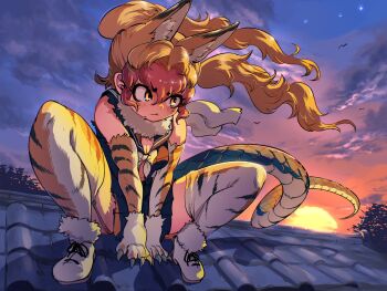 Rule 34 | 1girl, animal ears, blonde hair, breasts, cat ears, cleavage, commentary request, elbow gloves, extra ears, gloves, highres, kemono friends, large breasts, long hair, mcgunngu, multicolored hair, nue (kemono friends), outdoors, red eyes, red hair, scarf, school uniform, serafuku, shoes, sitting, skirt, sky, sleeveless, snake tail, solo, star (sky), starry sky, tail, thighhighs, twilight, two-tone hair