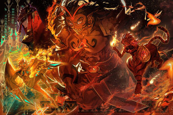 2boys 2girls abs armor barefoot battle black_hair black_shirt blonde_hair breasts burning_spice_cookie centauroid chest_jewel chest_tattoo closed_mouth commentary_request cookie_run cookie_run:_kingdom crop_top crown dark dark-skinned_female dark-skinned_male dark_skin embers facepaint fire frown gem glaive_(polearm) glowing glowing_eyes gold_crown golden_cheese_cookie greaves grin hieroglyphics highres holding holding_polearm holding_shield holding_sword holding_weapon humanization miniskirt multicolored_hair multiple_boys multiple_girls muscular muscular_male nutmeg_tiger_cookie open_mouth outside_border pants pcacao picture_frame pointy_ears polearm poster_(medium) pyrokinesis red_eyes red_gemstone red_hair red_pants sharp_teeth shield shirt short_hair size_difference skirt sleeveless sleeveless_shirt smile smoked_cheese_cookie streaked_hair sword tail tattoo taur teeth thick_eyebrows tiger_girl tiger_tail toned toned_female turtleneck turtleneck_shirt underboob usekh_collar weapon white_skirt yellow_eyes yellow_wings