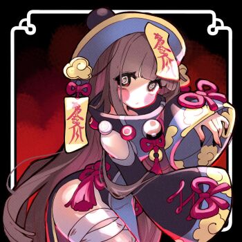 1girl :o @_@ alternate_eye_color angelica_(k3lly) black_border black_dress black_eyes black_hat black_nails border brown_hair china_dress chinese_clothes commentary dress english_commentary hat highres jiangshi jiangshi_costume k3lly long_hair looking_to_the_side ofuda ofuda_on_head open_mouth original outstretched_arms qingdai_guanmao red_background red_ribbon ribbon solo straight_hair thighs wide_sleeves zombie_pose