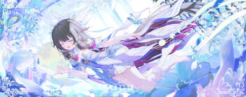 Rule 34 | 1girl, barefoot, black hair, blue butterfly, bow, bowtie, bug, butterfly, chinese commentary, closed eyes, columbina (genshin impact), commentary request, coria, dress, eye mask, from side, full body, genshin impact, hair ornament, hand up, highres, insect, long hair, luonnotar (genshin impact), mask, multicolored hair, open mouth, pointing, purple hair, sidelocks, solo, very long hair, white dress, wing hair ornament, wrist bow