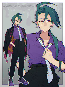 1girl adjusting_clothes adjusting_necktie androgynous black_jacket black_pants black_shocks border bright_pupils closed_mouth collared_shirt commentary_request corbeau_(pokemon) corbeau_(pokemon)_(cosplay) cosplay ear_piercing earrings eyelashes green_hair hair_over_shoulder hands_in_pockets highres jacket jacket_on_shoulders jewelry long_hair long_sleeves mogutory multiple_views necktie nintendo pants piercing pokemon pokemon_legends:_z-a pokemon_sv ponytail purple_shirt purple_shoes red_eyes reverse_trap rika_(pokemon) shirt shoes smile standing white_border white_necktie white_pupils