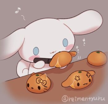 :3 animal animal_focus blue_eyes blush_stickers cinnamoroll curled_tail dog food fruit fuwa_fuwa_cinnamoroll grey_background hello_kitty hello_kitty_(character) holding holding_marker marker mocha_(cinnamoroll) musical_note no_humans orange_(fruit) reimentyuru sanrio simple_background smile solo table translation_request white_dog white_fur