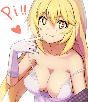 1girl :3 bare_shoulders blonde_hair breasts closed_mouth collarbone commentary_request controller double_strap_slip gloves heart highres large_breasts long_hair looking_at_viewer remote_control shokuhou_misaki simple_background solo sparkling_eyes strap_slip toaru_kagaku_no_railgun toaru_majutsu_no_index tomitayaki upper_body white_background white_gloves yellow_eyes