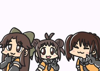 Rule 34 | :3, antenna hair, black gloves, black neckerchief, bow, brown hair, closed eyes, double bun, elbow gloves, ferret-san, gloves, green bow, hair bow, hair bun, highres, jintsuu (kancolle), kantai collection, naka (kancolle), neckerchief, negative space, orange shirt, sailor collar, sailor shirt, selfie, sendai (kancolle), shirt, simple background, two side up, upper body, white background, white sailor collar