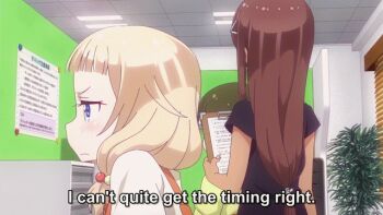 10s 2girls 3d ahagon_umiko animated animated_gif anime_screenshot blonde_hair blue_eyes blush brown_hair brown_skirt clipboard controller dark-skinned_female dark_skin female_pervert game_controller hair_ornament hair_tie huge_filesize kneehighs long_hair multiple_girls new_game! panties pantyshot pervert playing_games sakura_nene skirt socks subtitled sweatdrop talking underwear upskirt white_panties x_hair_ornament