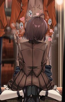 1boy 1girl ahoge ass brown_coat brown_hair cardigan clothes_pull coat commentary_request commission fellatio heart highres hod_(project_moon) implied_fellatio knees_apart_feet_together librarian_(project_moon) library_of_ruina long_sleeves mu46016419 nugget_(project_moon) oral orange_cardigan pants pants_pull pantyhose pixiv_commission project_moon speech_bubble squatting topless_male white_pantyhose