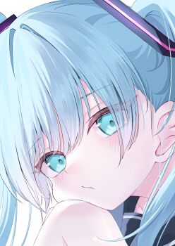 Rule 34 | 1girl, absurdres, blue eyes, blue hair, blush, hair behind ear, hair ornament, hatsune miku, head on knee, highres, knee up, sailor collar, tagme, vocaloid, white background, yamamotokeisuke1004