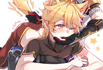 2boys aether_(genshin_impact) albedo_(genshin_impact) animal_ears black_gloves blonde_hair blush brown_pants brown_shirt dog_boy dog_ears finger_in_another&#039;s_mouth genshin_impact gloves kkaiju male_focus multiple_boys one_eye_closed pants shirt short_sleeves tail_pull yaoi yellow_eyes yellow_tail