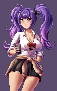 1girl absurdres alternate_costume black_bra bra breasts cardigan cardigan_around_waist cleavage clothes_around_waist commission commissioner_upload gyaru hair_intakes highres holding holding_phone large_breasts leonart mercy_modiste nail_polish phone purple_hair red_eyes school_uniform simple_background skirt solo twintails unbuttoned unbuttoned_shirt underwear vallure virtual_youtuber