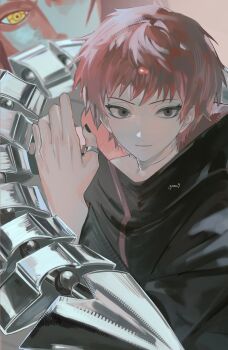 Rule 34 | 1017gomo9, 2boys, akatsuki uniform, black nails, grey eyes, grin, highres, jewelry, looking at viewer, male focus, multiple boys, naruto (series), naruto shippuuden, ring, robe, sasori (naruto), short hair, signature, smile, third kazekage, weapon, yellow eyes