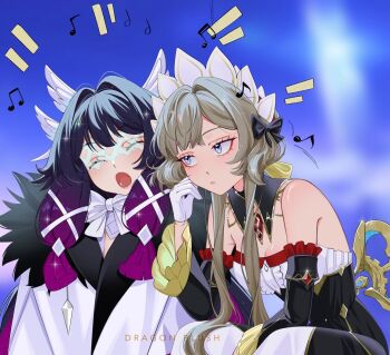 2girls artist_name bare_shoulders black_bow black_dress black_hair black_sleeves blue_background blue_eyes blurry blurry_background bow bowtie breasts brown_hair buttons cleavage closed_eyes closed_mouth coat columbina_(genshin_impact) commentary crystal detached_collar detached_sleeves dragon_plush_(139305) dress english_commentary eye_mask fatui_coat feathered_wings frills fur-trimmed_coat fur_trim gem genshin_impact gloves gradient_hair hair_bow hair_bun hair_ornament half-closed_eyes hand_on_own_face hand_up head_wings jewelry lapels lips long_hair long_sleeves looking_at_another mask medium_breasts multicolored_hair multiple_girls multiple_wings music musical_note notice_lines open_mouth pantyhose pendant purple_hair red_gem sandrone_(genshin_impact) short_hair_with_long_locks sidelocks singing sitting sleeveless sleeveless_dress sparkle strapless strapless_dress tongue two-tone_dress two-tone_hair very_long_hair white_bow white_bowtie white_coat white_dress white_gloves white_headdress white_mask white_pantyhose wide_sleeves wing_collar wings x_hair_ornament