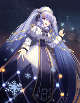 1girl absurdres aqua_eyes aqua_hair beret blue_bow blue_gloves blue_tabard blush bow braid capelet commentary dress fortissimo gloves gold_trim hair_between_eyes hair_ornament hand_on_own_chest hat hatsune_miku highres long_hair long_sleeves looking_at_viewer moko_(jw7436) musical_note musical_note_hair_ornament official_alternate_costume official_alternate_hairstyle open_mouth outdoors own_hands_together skirt_hold smile snowflake_print snowing solo tabard twintails very_long_hair vocaloid white_capelet white_hat yuki_miku yuki_miku_(2021)