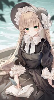 Rule 34 | 1girl, absurdres, black dress, book, bow, brown hair, chinstrap, closed mouth, commentary request, dress, frills, gosick, gothic lolita, green eyes, guzangnanfeng, hairband, highres, hime cut, holding, holding pen, lolita fashion, lolita hairband, long hair, long sleeves, looking at viewer, open book, pen, solo, too many, too many frills, victorian, victorica de blois, white bow