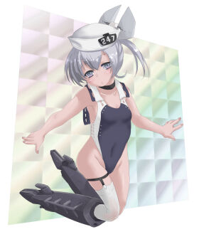 Rule 34 | 1girl, ballet boots, black one-piece swimsuit, bobabo, commentary request, competition swimsuit, dace (kancolle), dark-skinned female, dark skin, dixie cup hat, garter straps, grey eyes, grey hair, hat, headgear, highleg, highleg one-piece swimsuit, highres, kantai collection, long hair, military hat, one-piece swimsuit, side ponytail, single garter strap, single thighhigh, solo, swimsuit, thighhighs, two-tone one-piece swimsuit, white thighhighs
