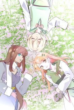 1boy 2girls blue_eyes brown_hair chaos_(xenosaga) closed_eyes commentary english_commentary green_eyes hair_ornament hairclip highres long_hair looking_at_viewer lying mary_magdalene_(xenosaga) mon_7291 multiple_girls nephilim_(xenosaga) on_back on_grass open_mouth orange_hair smile spoilers xenosaga xenosaga_episode_iii