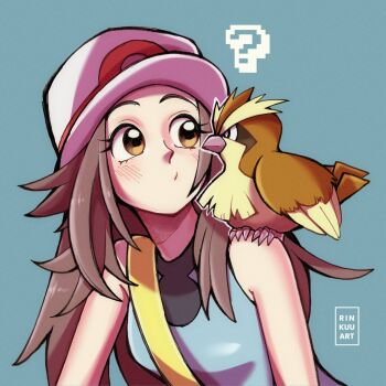 1girl ? beak bird blue_shirt blush breasts brown_eyes brown_hair bucket_hat closed_mouth gen_1_pokemon hat highres leaf_(pokemon) long_hair nintendo on_shoulder pidgey pokemon pokemon_(creature) pokemon_frlg pokemon_on_shoulder porkpie_hat rinkuu_art shirt skirt sleeveless sleeveless_shirt talons white_hat wings