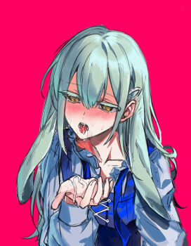 1girl after_fellatio animal_ears arknights bang_dream! bang_dream!_it's_mygo!!!!! blue_ribbon blue_vest blush chinese_commentary collarbone colored_eyelashes commentary_request cross-laced_clothes cross-laced_top cum cum_in_mouth cum_on_body cum_on_hands cum_on_tongue extra_ears floppy_ears green_hair hair_ornament hairclip hand_up highres long_hair long_sleeves looking_down lop_rabbit_ears ne2op neck_ribbon nose_blush open_collar open_mouth rabbit_ears rabbit_girl red_background ribbon shirt simple_background solo straight_hair sweat tears tongue tongue_out undone_neck_ribbon upper_body vest wakaba_mutsumi wakaba_mutsumi_(cautus) white_shirt yellow_eyes