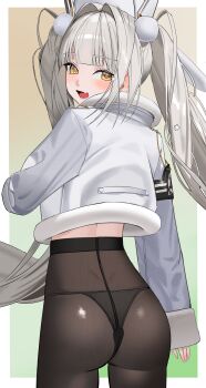 1girl absurdres armband ass black_armband black_pantyhose blanc_(fortune_express)_(nikke) blanc_(nikke) blush border coat cowboy_shot fang fur-trimmed_collar fur_trim goddess_of_victory:_nikke high-waist_pantyhose highres long_hair looking_back official_alternate_costume official_alternate_hairstyle outside_border panties panties_under_pantyhose pantyhose see-through_pantyhose seueo skin_fang solo thigh_gap twintails underwear very_long_hair white_border white_hair winter_clothes winter_coat yellow_eyes