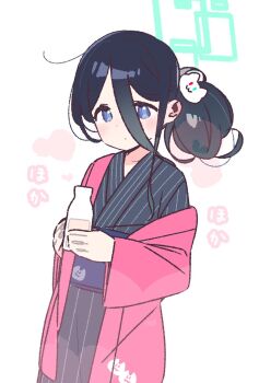 1girl aris_(blue_archive) black_hair black_kimono blue_archive blue_eyes blue_sash blush bottle closed_mouth commentary_request cowboy_shot double-parted_bangs green_halo hair_between_eyes hair_bun halo highres holding holding_bottle japanese_clothes kimono long_hair long_hair_between_eyes looking_at_viewer obi rectangular_halo sash simple_background single_hair_bun solo white_background yoru_nai