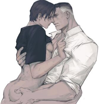 Rule 34 | 2boys, absurdres, ass, batman, black hair, black shirt, clothes grab, clothes lift, collared shirt, commentary, dc comics, drooling, grabbing another's ass, grabbing another's shirt, groping, highres, implied kiss, male focus, mature male, multicolored hair, multiple boys, pectorals, shirt, shirt lift, simple background, sitting, sitting on person, sunny (mnbvjkuy), superman, toned, toned male, tongue, tongue out, two-tone hair, untranslatable commentary, white background, white hair, white shirt, yaoi