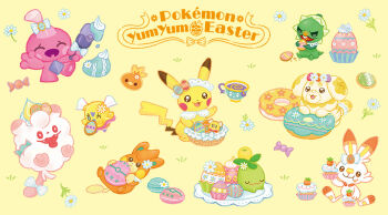 :3 bow candy capsakid carrot character-themed_food closed_eyes clothed_pokemon cookie copyright_name crumbs cup cupcake donut easter easter_egg eating egg fangs fidough flower food food_on_face gen_1_pokemon gen_3_pokemon gen_6_pokemon gen_8_pokemon grass holding holding_food macaron nintendo no_humans official_art olive open_mouth pawmi pikachu pokemon pokemon_(creature) pokemon_focus scorbunny second-party_source shibuzoh simple_background sinistea sitting smoliv standing standing_on_one_leg swirlix teacup tinkatink tongue tongue_out tooth torchic u_u v-shaped_eyes wavy_mouth white_bow white_flower wrapped_candy yellow_background