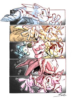 1girl 3boys 4boys 5boys absurdres amy_rose animal_ears animal_nose bracelet cheese_(sonic) clenched_hand clenched_hands closed_eyes cream_the_rabbit fox_boy furry furry_female furry_male gloves green_eyes hammer hat highres jewelry knuckles_the_echidna looking_at_viewer multiple_boys multiple_tails one_eye_closed open_mouth smile sonic_(series) sonic_advance_(series) sonic_the_hedgehog spot_color stupidfred0 sweat tail tails_(sonic) tongue two_tails v water_drop wet white_gloves