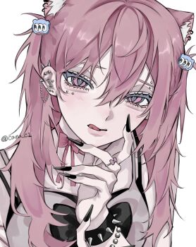 1girl aegyo_sal animal_ear_piercing animal_ears black_nails bow bracelet caru_c1 cat_ears choker closed_mouth commentary ear_piercing eyebrow_piercing face_piercing fingernails hair_between_eyes hand_up highres jewelry long_hair original piercing pink_bow pink_choker pink_eyes pink_hair ring sharp_fingernails simple_background solo spiked_bracelet spikes symbol-only_commentary tongue tongue_out two_side_up upper_body white_background