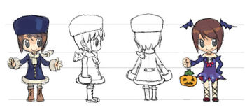 4girls animal_scarf archived_source arms_at_sides bare_shoulders bat_wings bloomers blue_coat blue_dress blue_hat blue_sleeves blue_wings boots brown_eyes brown_shoes chibi clenched_hand closed_mouth coat copyright_request cross-laced_clothes cross-laced_legwear dress fur-trimmed_coat fur-trimmed_shoes fur_hat fur_trim halloween_costume hand_on_own_hip hat head_wings knee_boots lace-up_boots looking_to_the_side multiple_girls multiple_views no_nose open_hand red_bloomers red_ribbon reference_sheet ribbon scarf shoes skull_ornament smile strapless strapless_dress tiv turnaround underwear ushanka white_background white_scarf wings winter_clothes