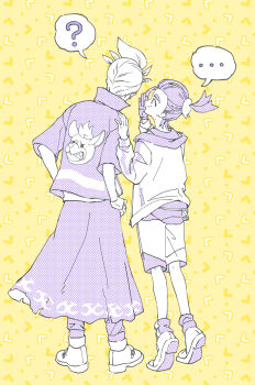 ... 2boys ? bag commentary_request drayton_(pokemon) from_behind gloves hand_on_own_hip highres jacket kieran_(pokemon) long_sleeves male_focus mole mole_on_neck monochrome multiple_boys nintendo pokemon pokemon_sv shibahu_no_niwa shoes short_sleeves shorts single_glove socks spoken_ellipsis spoken_question_mark standing tiptoes yellow_background